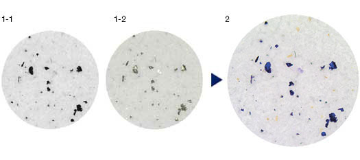 1：经典方法，2：单次扫描方法 （1-1：非反光颗粒的第一幅图像，1-2：反光颗粒的第二幅图像，2: 单次扫描解决方案：组合） 一种创新型偏振方法，可在单次扫描中探测到反光颗粒（金属）和非反光颗粒。